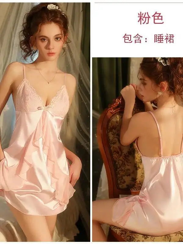 Camisón Sexy de seda de hielo ligero de estilo francés, camisola de encaje, ropa de casa con espalda descubierta y tirantes en V profundo, vestido sin mangas KC5P