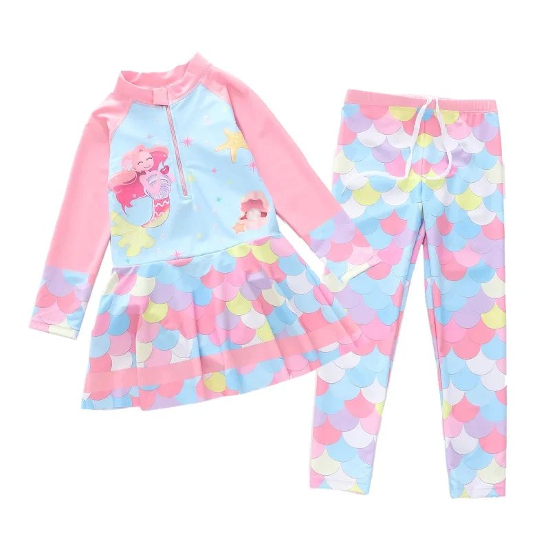 

2024 Summer Swimwear For Girls Mermaid Prints Split Long Sleeve And Long Pants Sets Girl's Sunscreen Swimsuit Clothes Suits 2PCS