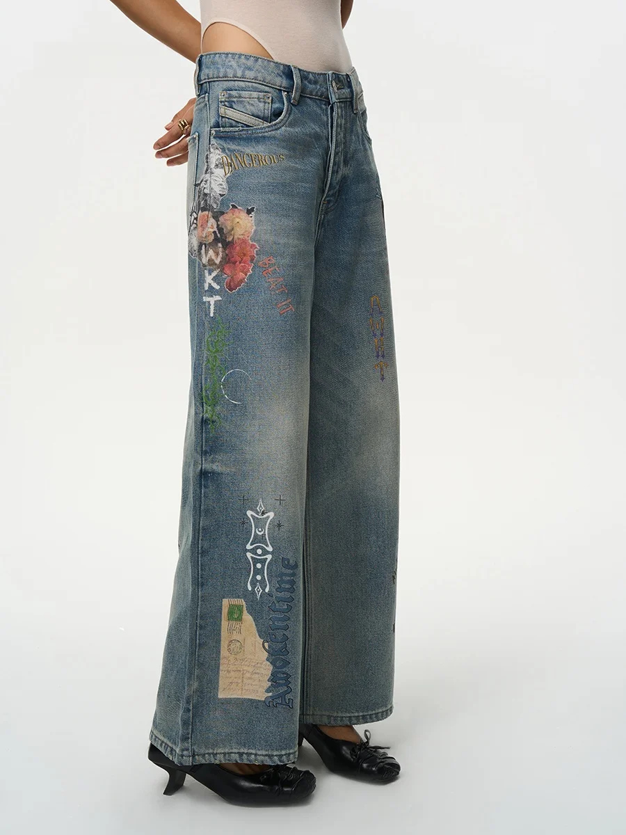 

Blue Hand-Printed Waed Vintage Denim Wide Leg Straight Pants Women's New Spring 2026 AWOKENTIME l Waist Cotton Jeans