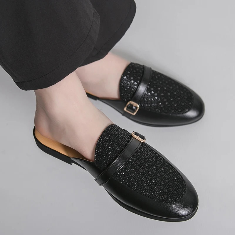 Plus Size 38-48 Backless Men's Leather Mule Slippers Summer 2026 Open-back Loafers Casual Shoes for Man Sneakers Slides Sandals