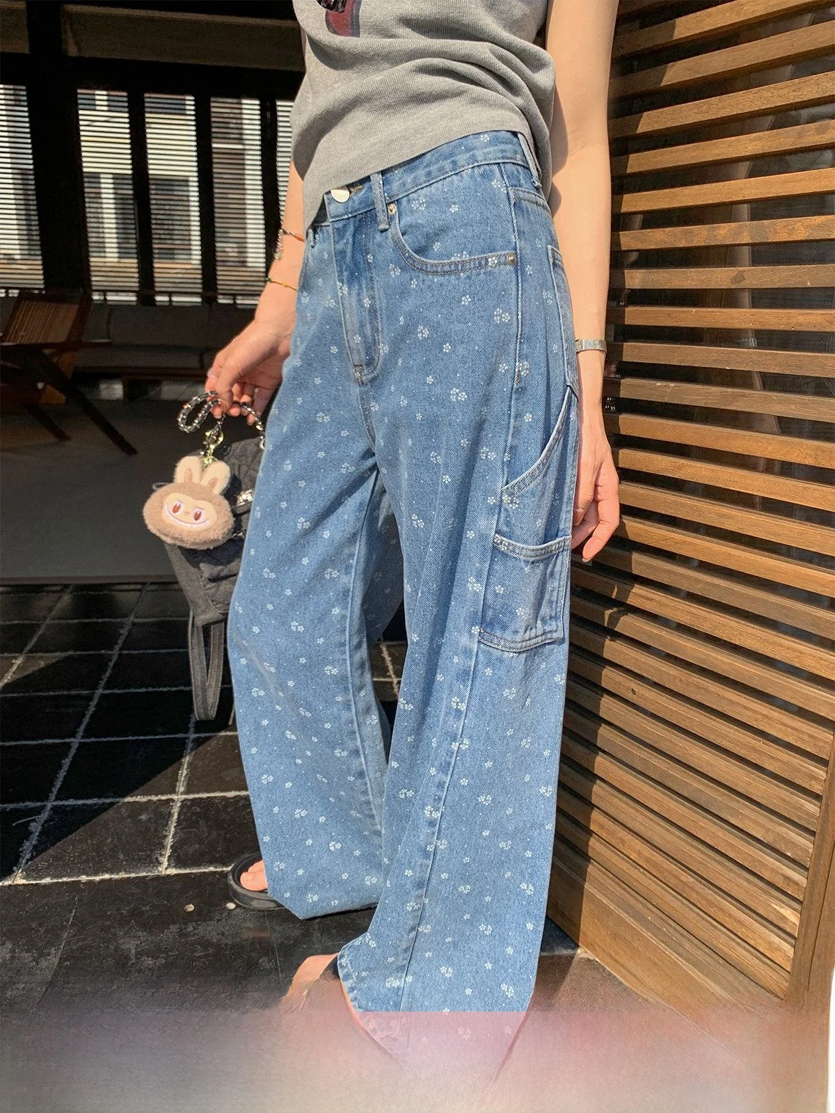 

Sisilyon Printed Wide Leg Jeans Women's Thin Design Spring Summer Washed Blue Workwear Style Casual High Waist Pocket Detail