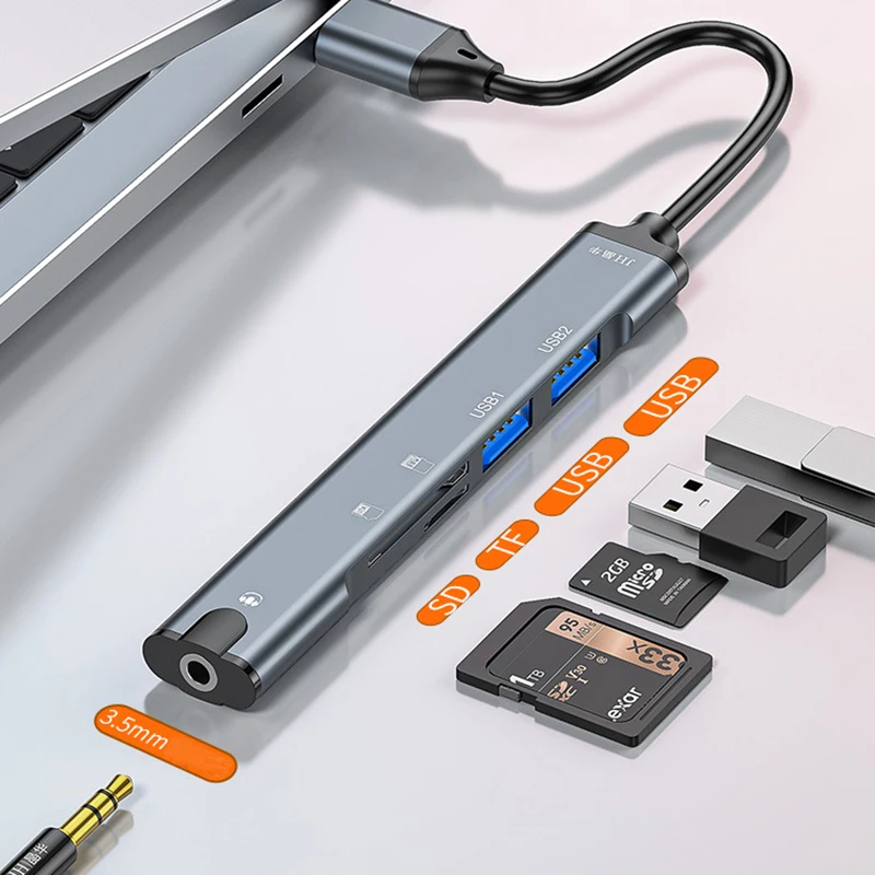 

Концентратор 5 в 1, аудио-тип C на USB-концентратор 3,5 мм, зарядное устройство, удлинительный адаптер, конвертер с устройством чтения карт TF Micro SD, USB-разветвитель