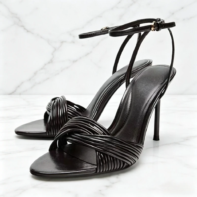 Fashion Crossover Front Straps Stiletto Sandals Women Sexy Open Toe Ankle Strap Metal Buckle Heels Luxury Brand Designer Shoes