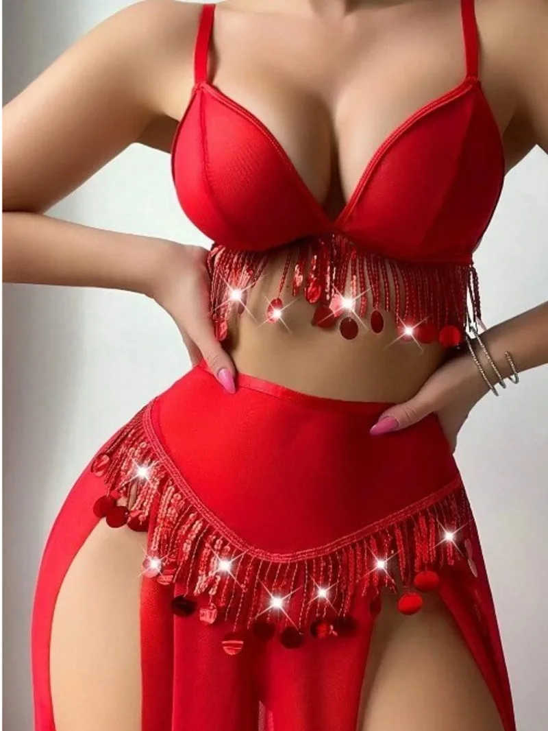 

Erotic Sexy Transparent Solid Color Sequin Skirt Set Backless Deep V Suspenders Sleeveless Skirt Sets Charming Elegant Beautiful