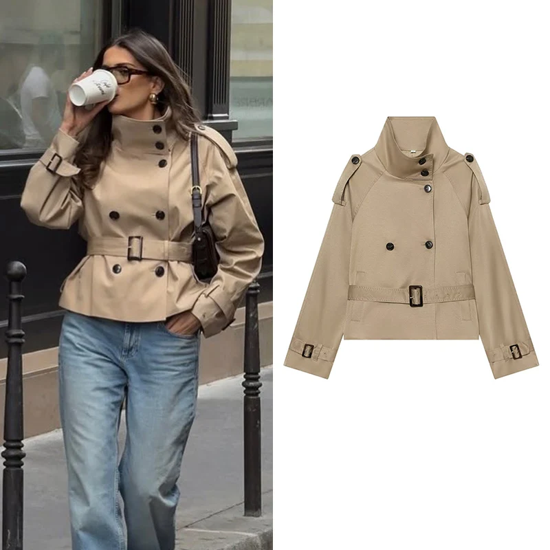 Women's  Double Breasted Crop Trench Coat, Stand Collar Short Jacket with Belt, Casual Workwear Windbreaker