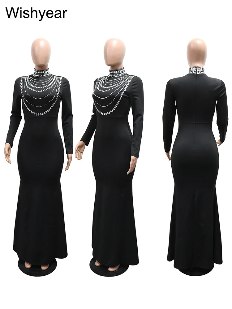 New Christmas Luxury Rhinestones Mermaid Black Dresses Women Long Sleeve Slim Wedding Guest Birthday Prom Formal Party Gowns