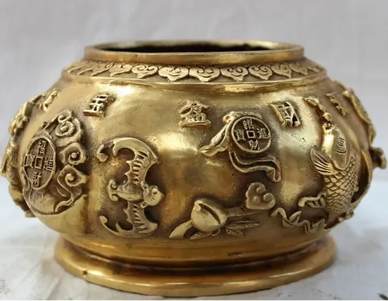 Chinese Brass 5 Mammon God Fish BAT RuYi Statue Treasure Bowl Jar Incense Burner