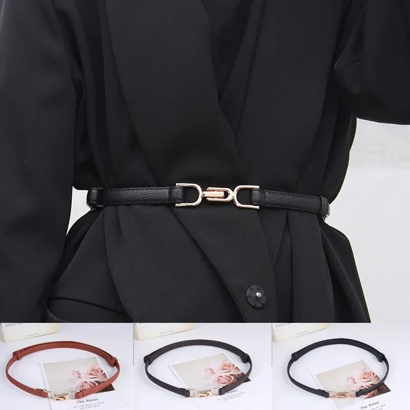 1pc New Women's Belt Leather Skinny Belt for Dress Adjustable Thin Waist Belt Dress Belt with Vintage Golden Buckle Faux Leather