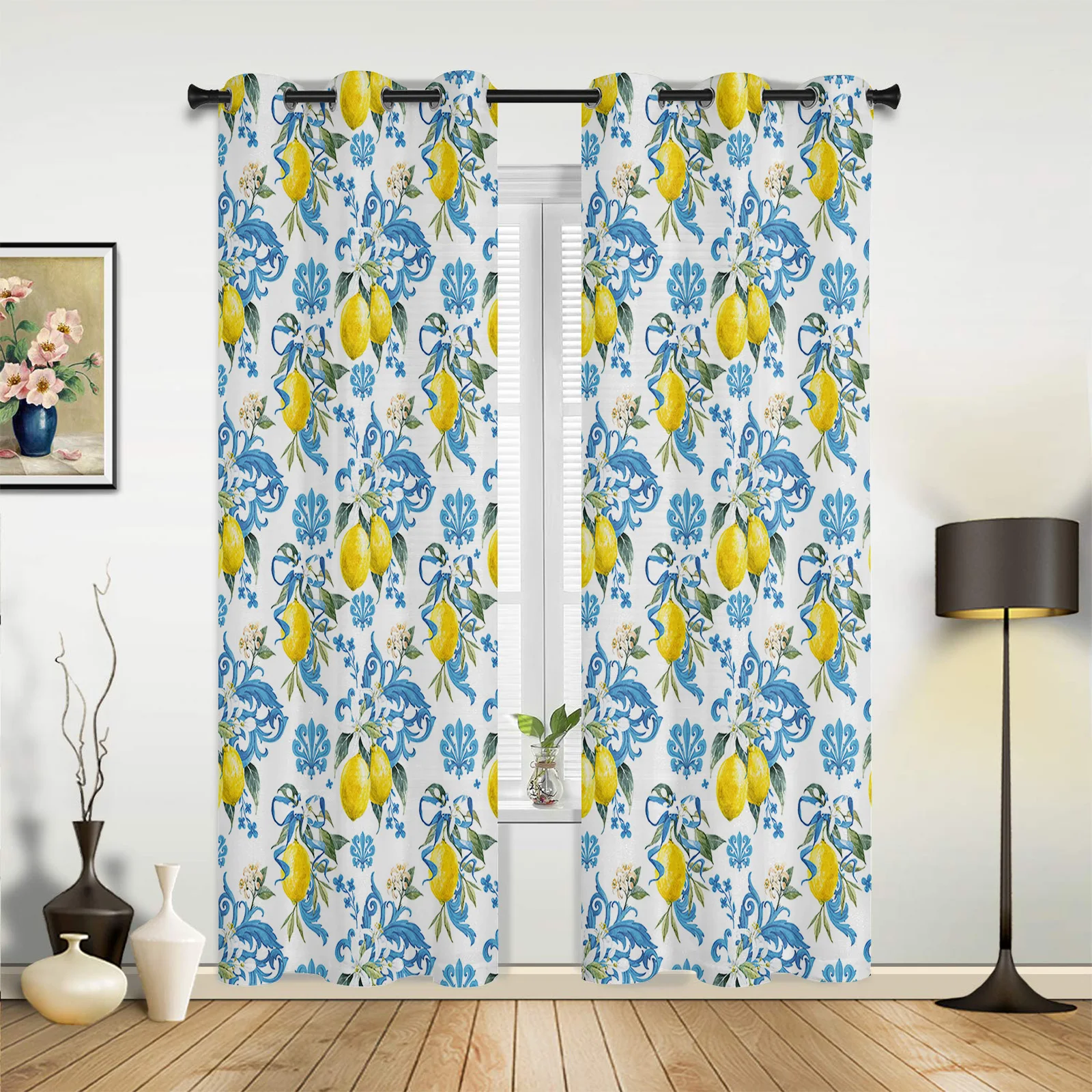 

Lemon Baroque Flower Blue White Curtains for Bedroom Living Room Drapes Kitchen Children's Room Window Curtain Modern Home Decor