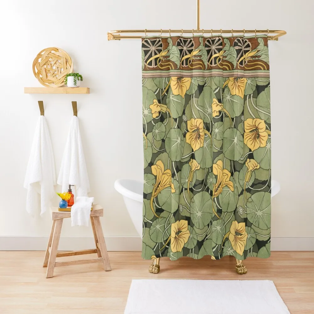 

YELLOW NASTURTIUM FLOWERS,GREEN LEAVES Art Nouveau Floral Shower Curtain Anti-Mold Waterproof Shower Curtain