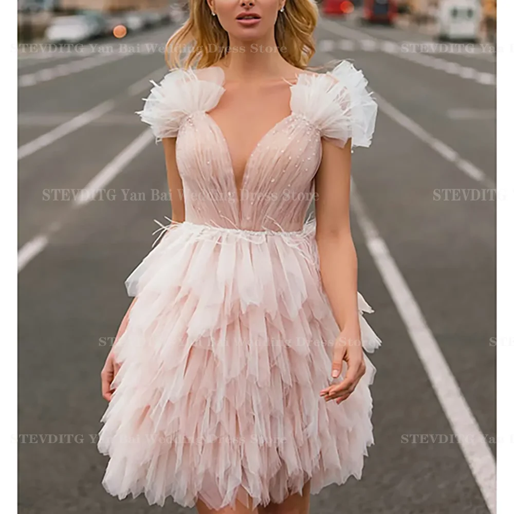 

Blush Pink Mini Prom Dresses For Women Sexy V-Neck Tiered Ruffles Tutu Formal Party Club Customized Gown vestidos de fiesta
