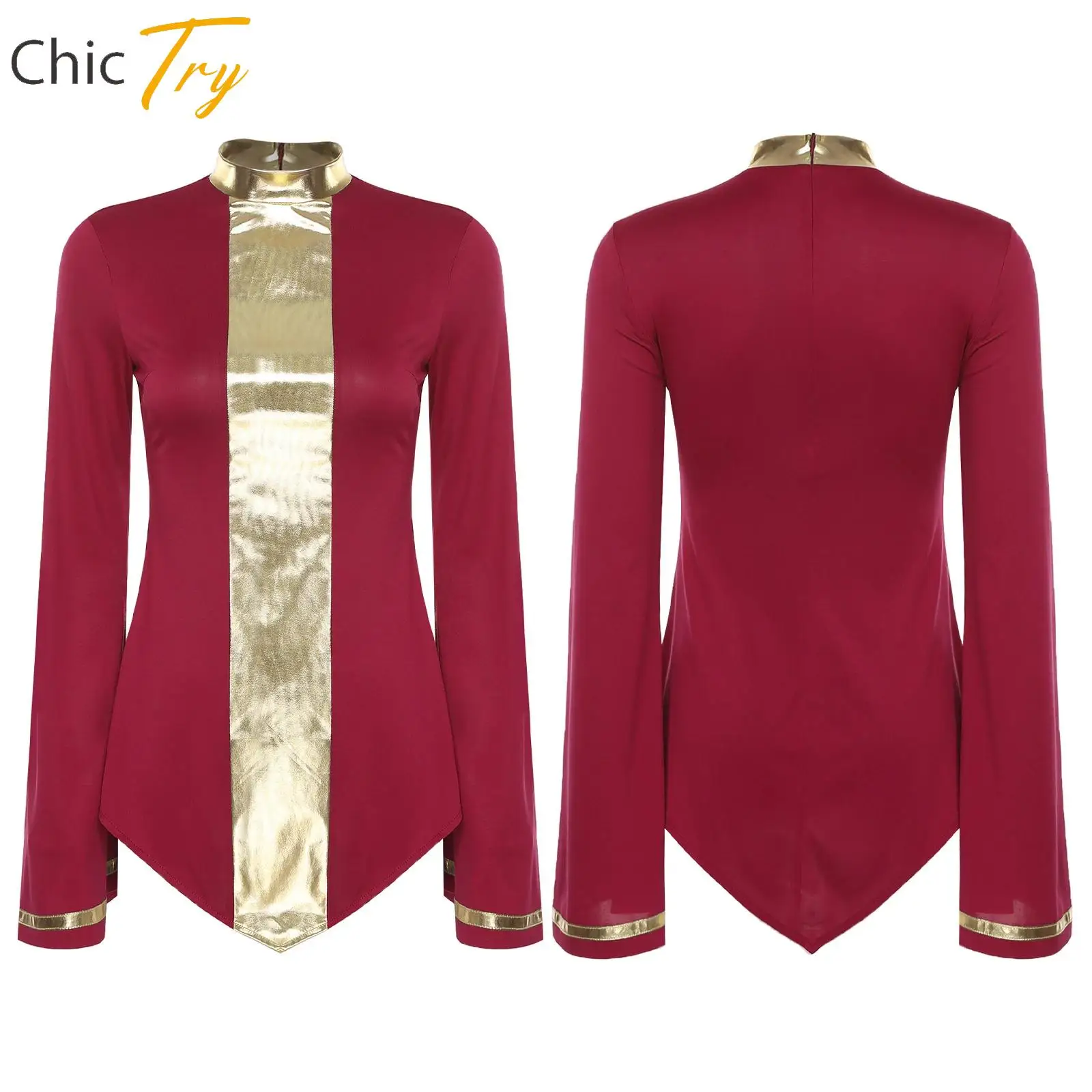 

Womens Liturgical Praise Dance Top Metallic Shiny Flared Long Sleeve Irregular Hem Shirt Blouse Worship Lyrical Modern Dancewear