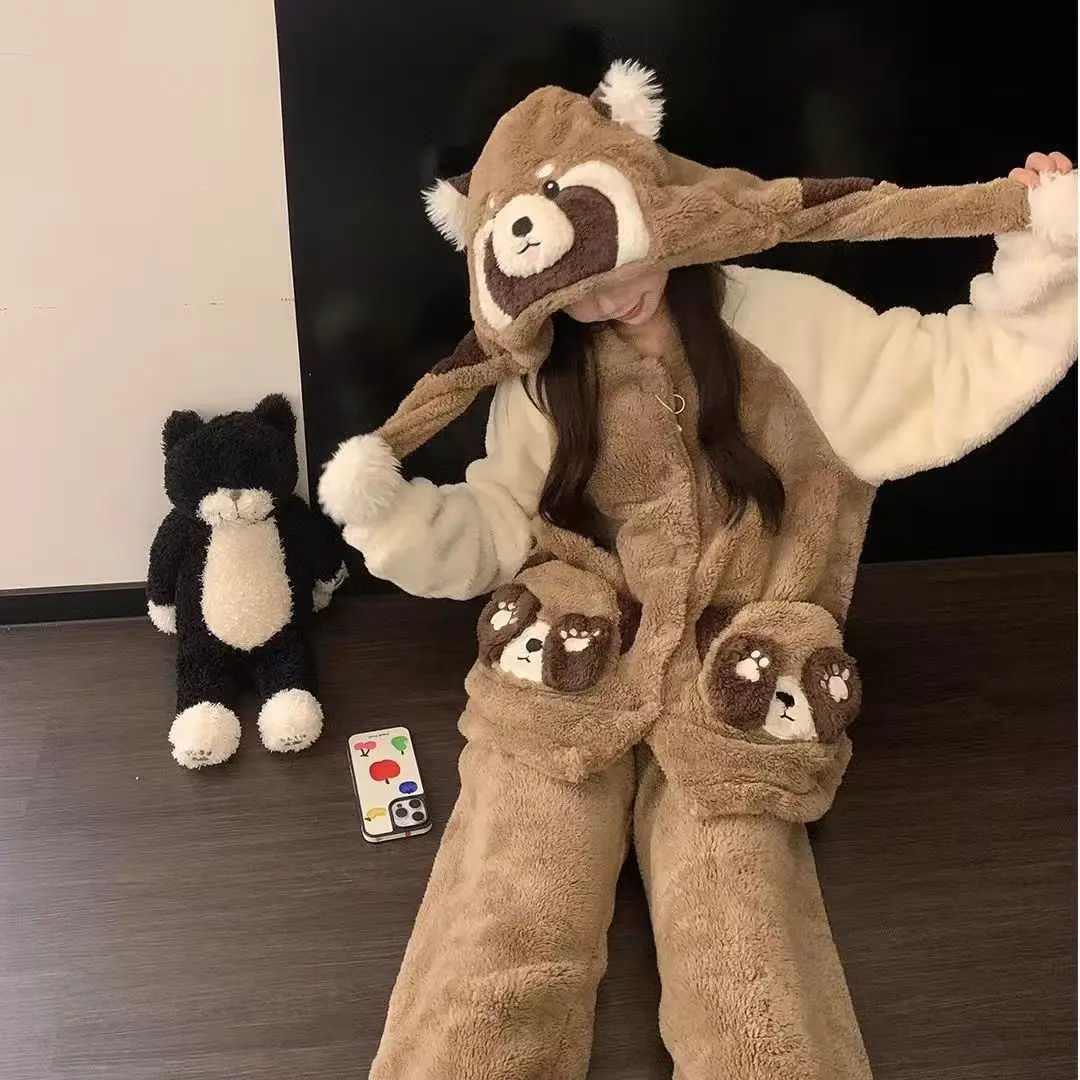 

Пижамный комплект из кораллового флиса для девочек, зимняя толстая теплая плюшевая одежда для сна, милая домашняя одежда с маленьким енотом, студенческая ночная рубашка с капюшоном, 2 шт.