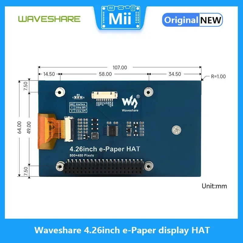 Waveshare-Écran e-Paper HAT, 4.26 pouces, 800x480, noir/blanc, interface éventuelles I, faible consommation, grand angle de vision pour Raspberry Pi