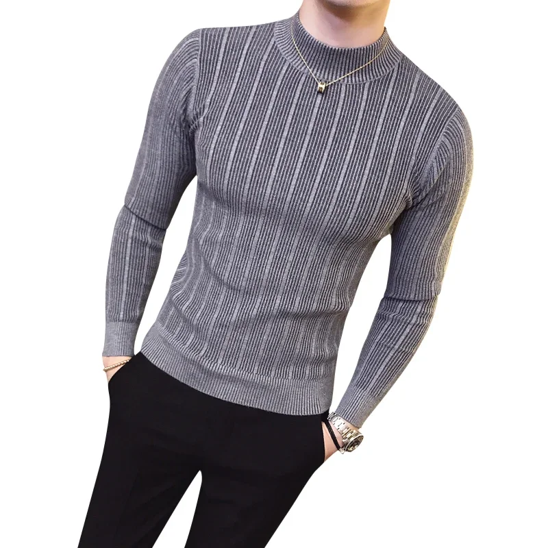 Pull rayé à col haut pour homme, tricot serré, couleur unie, Boutique de mode, nouvelle collection automne hiver