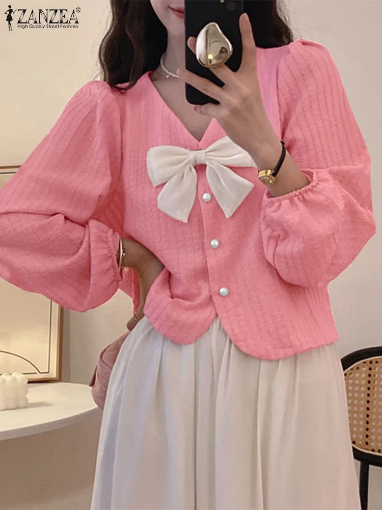 

ZANZEA Sexy V-neck Colorblock Short Tunic Fashion Bowtie Stitching Blouse Vintage Long Puff Sleeve Blusa 2025 Spring Buttons Top