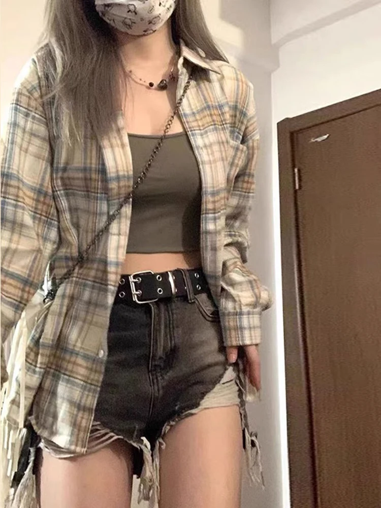 

American Retro Fashion Street Women Shirt Summer New Casual Loose Slim Woman Shirt Chicly Basic Plaid Long-sleeved Top Female