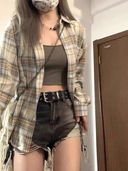 American Retro Fashion Street Women Shirt Summer New Casual Loose Slim Woman Shirt Chicly Basic Plaid Long-sleeved Top Female