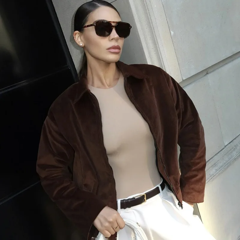 Talenza Autumn Vintage Jacket Coats 2025 New Solid Zipper Plush Brown Casual Jacket Fashion Loose Streetwear Women Coats Outwear