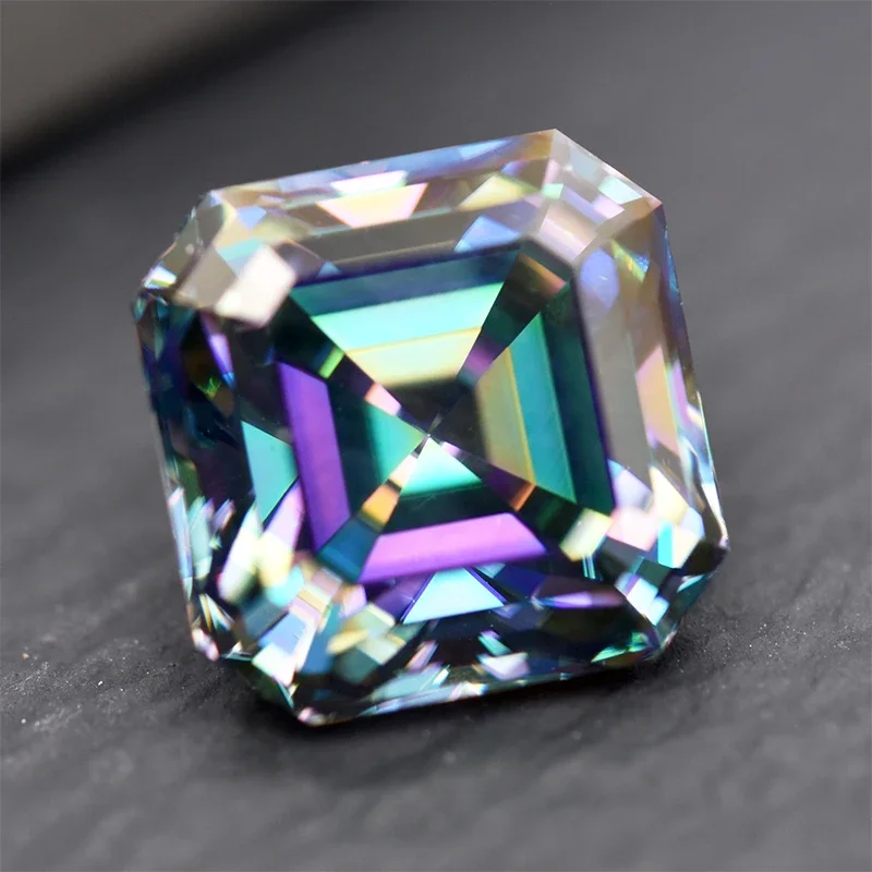 Moissanite Stone Rainbow Green Asscher Cut Lab Grown Gemstone 1.0CT-5.0CT Jewelry Pass Diamond Tester With GRA Certificate