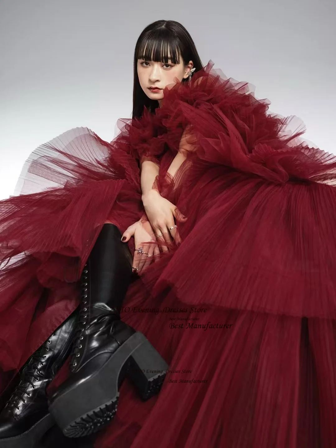 ZHIO Weinrotes Tüll-Abendkleid mit Falten, luxuriöses, abgestuftes Ballkleid-Partykleid, trägerloses, schulterfreies Abendkleid, individuell gestaltet