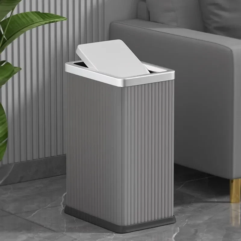 for High-end Large Square Trash Can with Shaking Lid Light Luxury Italian Striped Clamshell Cylinder Household Odor Isolation