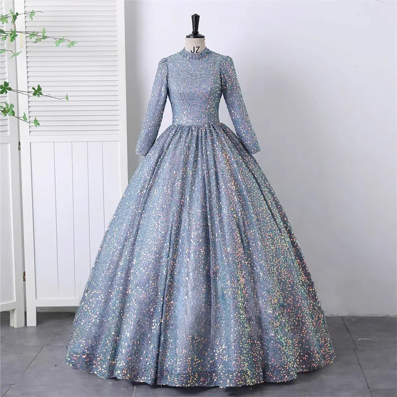 

High-neck Evening Gown with Sequins for A High-end Stage Solo Performance Dress Vocal Arts Audition Annual Gala and Flared Skirt