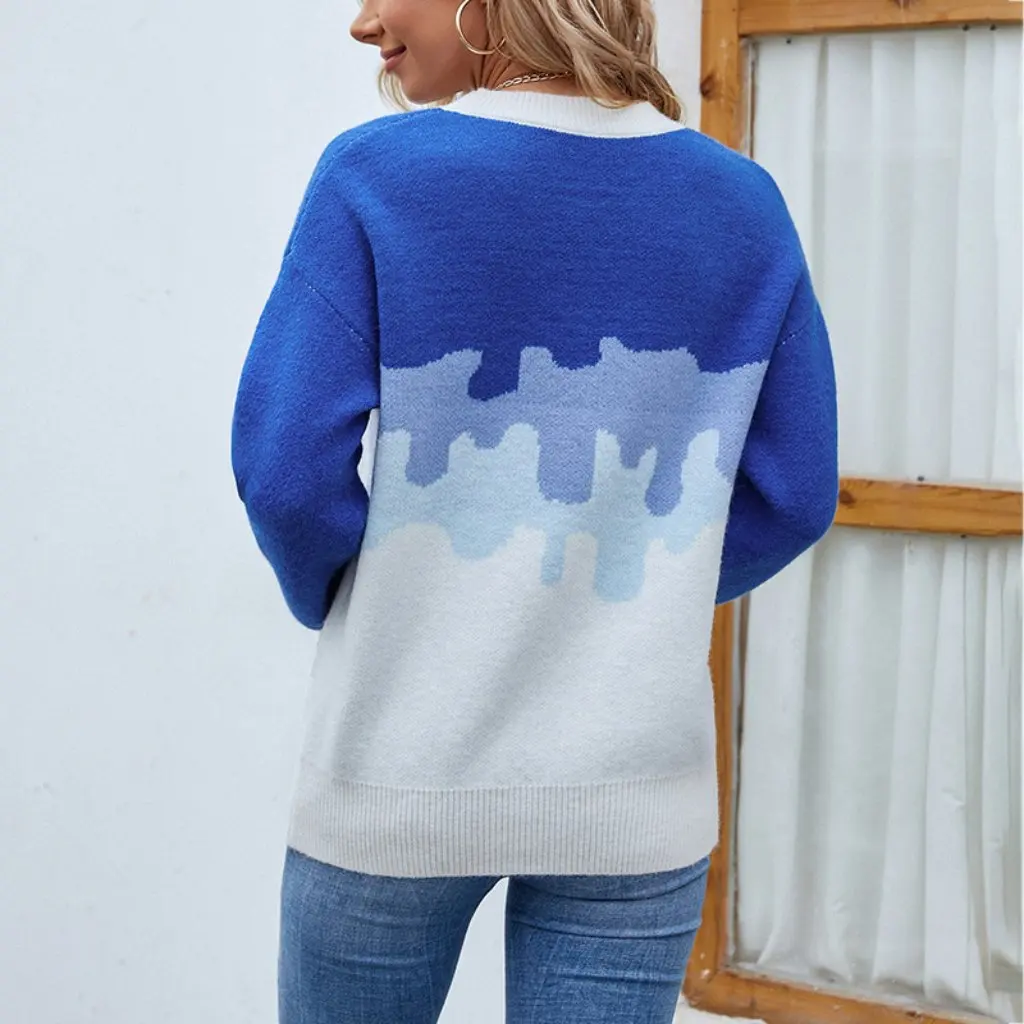 

Mao Mao Women's Crew Neck Pullover Sweater Autumn Winter European American Style Contrast Color Design Fashionable Top