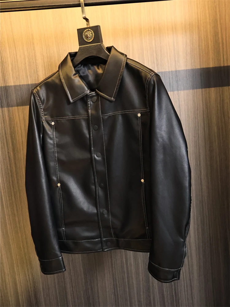 

High-End Men's Pure Color Autumn Versatile Loose Fit Flip Collar Faux Leather Jaet Waed PU Lychee Pattern Real Leather Al...