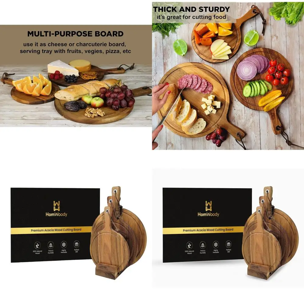 

Set of 3 Acacia Wooden Cutting Boards with Handles - Cheese and Charcuterie Boards for Kitchen Use