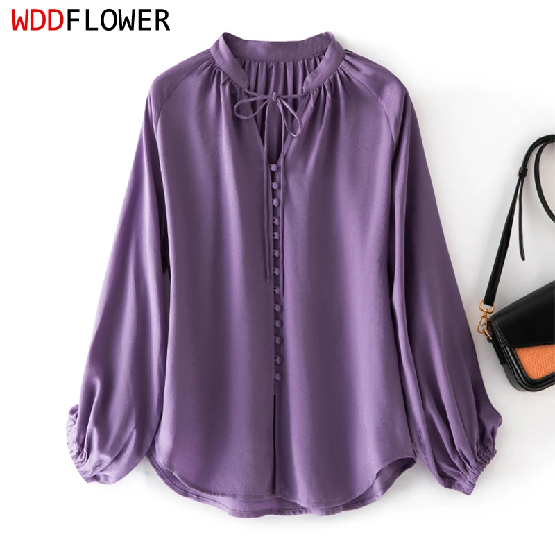 

100% Mulberry Silk Jacquard Silk Women Long Sleeve Shirt Purple Color Chinese Bow-tied Neck Buttons Down Top Blouse L XL FF078