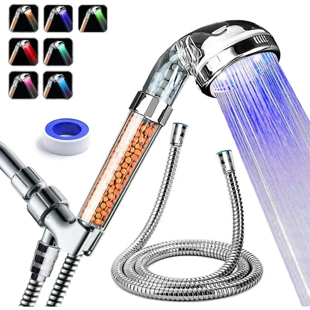 LED Shower Head High Pressure Water Filter Handheld Showerhead System Purifies Chlorine Reduces Dry Skin Hair Loss Easy