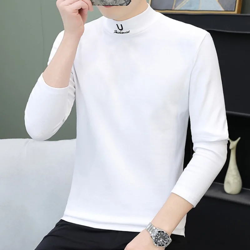 Autumn Men Long Sleeved T-shirt Half High Collar Fitness Base Pullover Bottom Shirt Slim Casual Solid Color Versatile Tee Tops