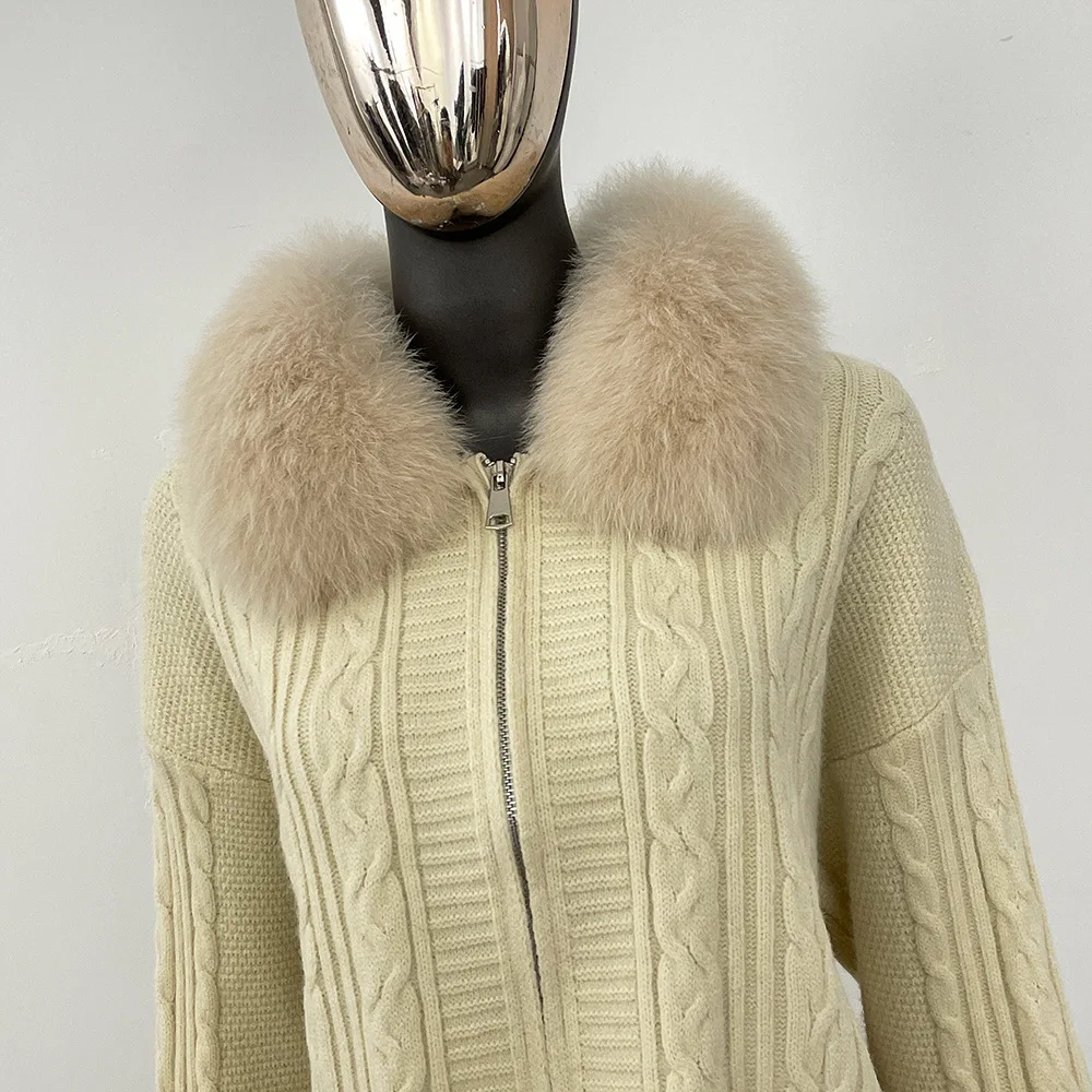 BJTZ ساحة الرقبة ريال فوكس الفراء كابل متماسكة سترة معطف للنساء ربيع الخريف أنيقة تنوعا سحاب أكمام طويلة سترة علوية