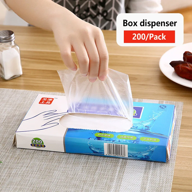 200Pcs Food Grade Gloves Plastic Disposable Polyethylene Clear Gloves Multi-Functional Cooking Cleaning Kitchen Accessory