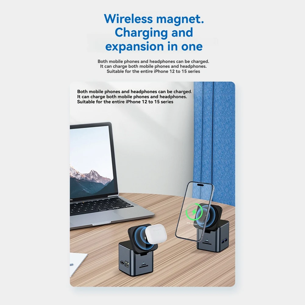 A26Z 9 in 1 Type-C Docking Station Magnetic 15W Wireless Charger Stand USB-C HUB with USB3.0x3 HD 4K@30Hz PD100W Gigabit