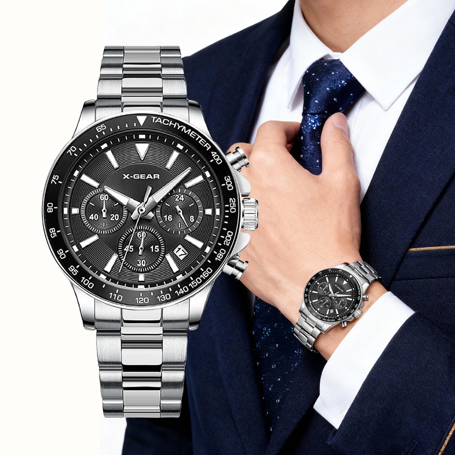 

X-GEAR Three-Eye Six-Hand Quartz Watch for Men, Stainless Steel Strap, Dress & Casual Wristwatch