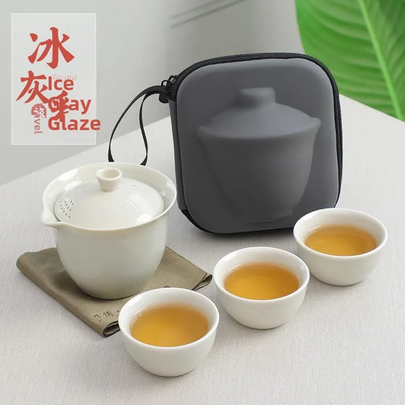 

Portable Outdoor Travel Ceramic Fast Guest Cup Set One Pot Three Cups Integrated Storage Bag Logo by Xuan Zhuo Jing
