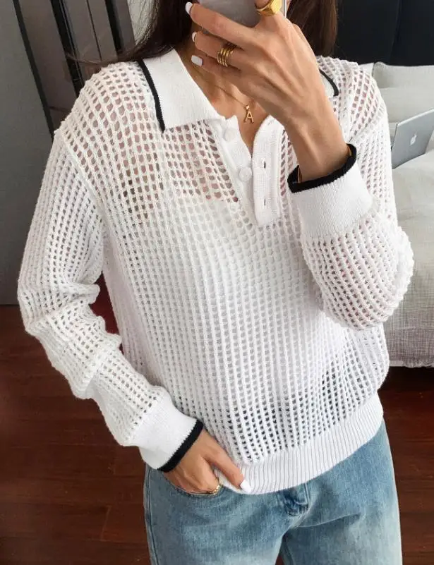 

Woman Blouse 2025 Spring Autumn New Solid Color Turn-Down Collar Hollow Out Long Sleeved Loose Fit Casual Daily T-Shirt