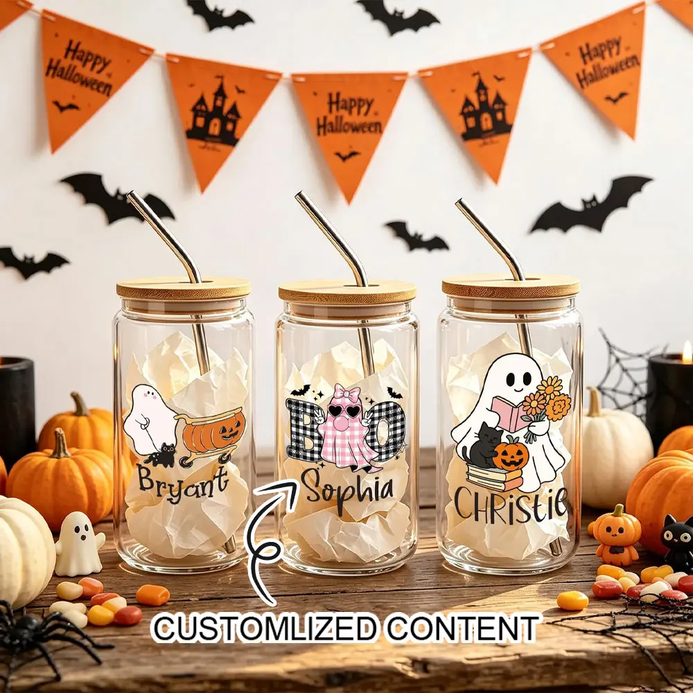 Custom Name Retro Cute Ghost Print Frosted Glass Can Tumbler Bamboo Cover Metal Straw Iced Coffee Soda Cup Halloween Themed .