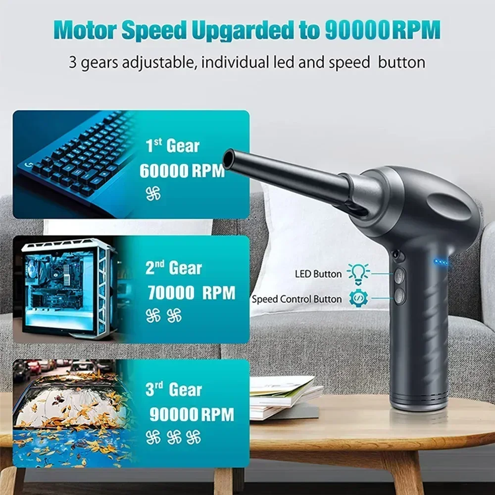 120000RPM Cordless Air Duster Brushless Blower 90W Electric Wireless Gel Gun Cleaner Power Tools for PC Computer Keyboard Car