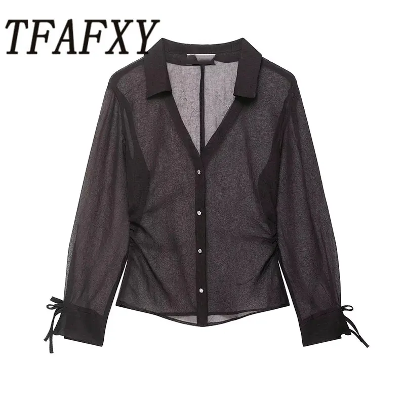 

TFAFXY женские полупрозрачные рубашки с длинным рукавом и v-образным вырезом, блузки с бантом, модные элегантные топы для девочек, шикарная женская рубашка