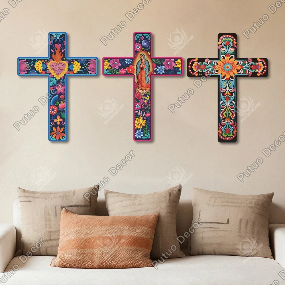

Putuo Decor Mexican Style Crucifix Wood Wall Decor, Day of the Dead Decor Wooden Wall Mounted Cross for Home ,15.9 X 11.8 Inches
