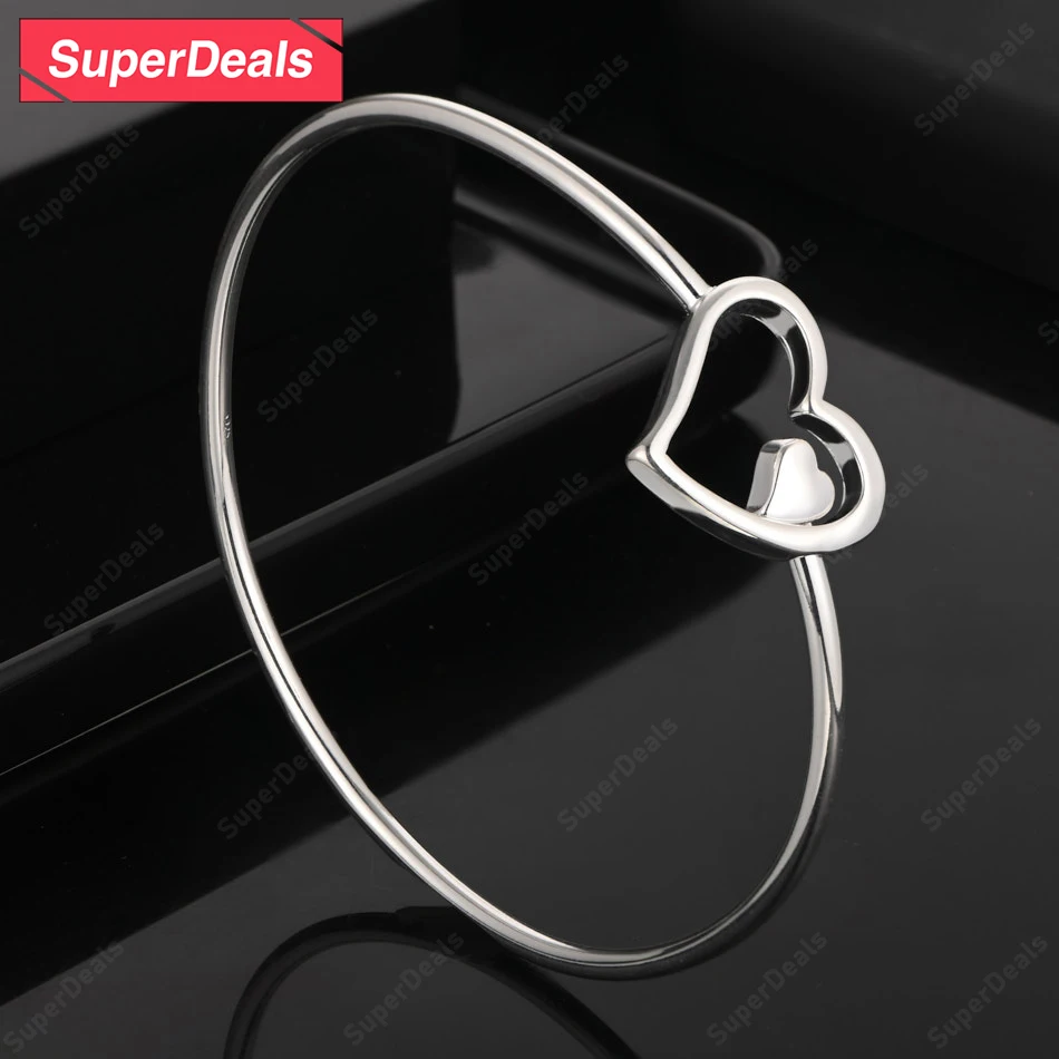SuperDeals 925 Sterling Silver Heart Water Drop Mesh Half Circle Bangles Women Party Popular Jewelry Birthday Christmas Gift view 4
