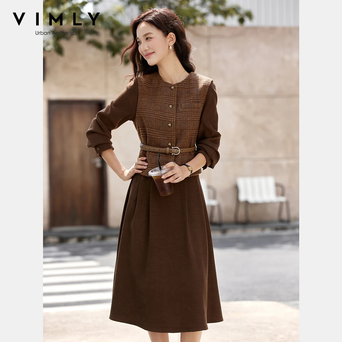 

VIMLY 2 Piece Sets Woman Brown Dress Suits Vintage Autumn 2025 Elegant Round Neck Plaid Vest Long Dress New Matching Sets A2923