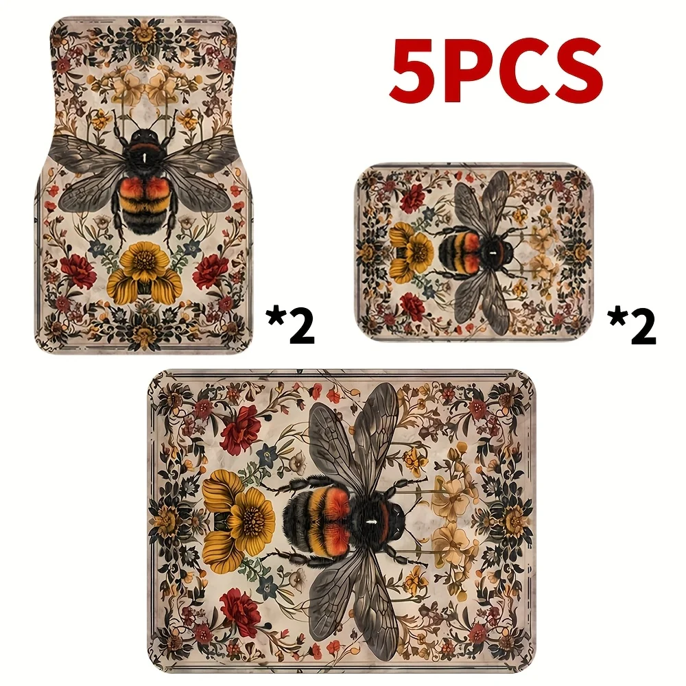 

5pcs/set Between Flowers Bee Shadow Vintage Style Printed Universal Front/Rear Foot Mats | Trunk Mats - For Cars, SUVs, Trucks,