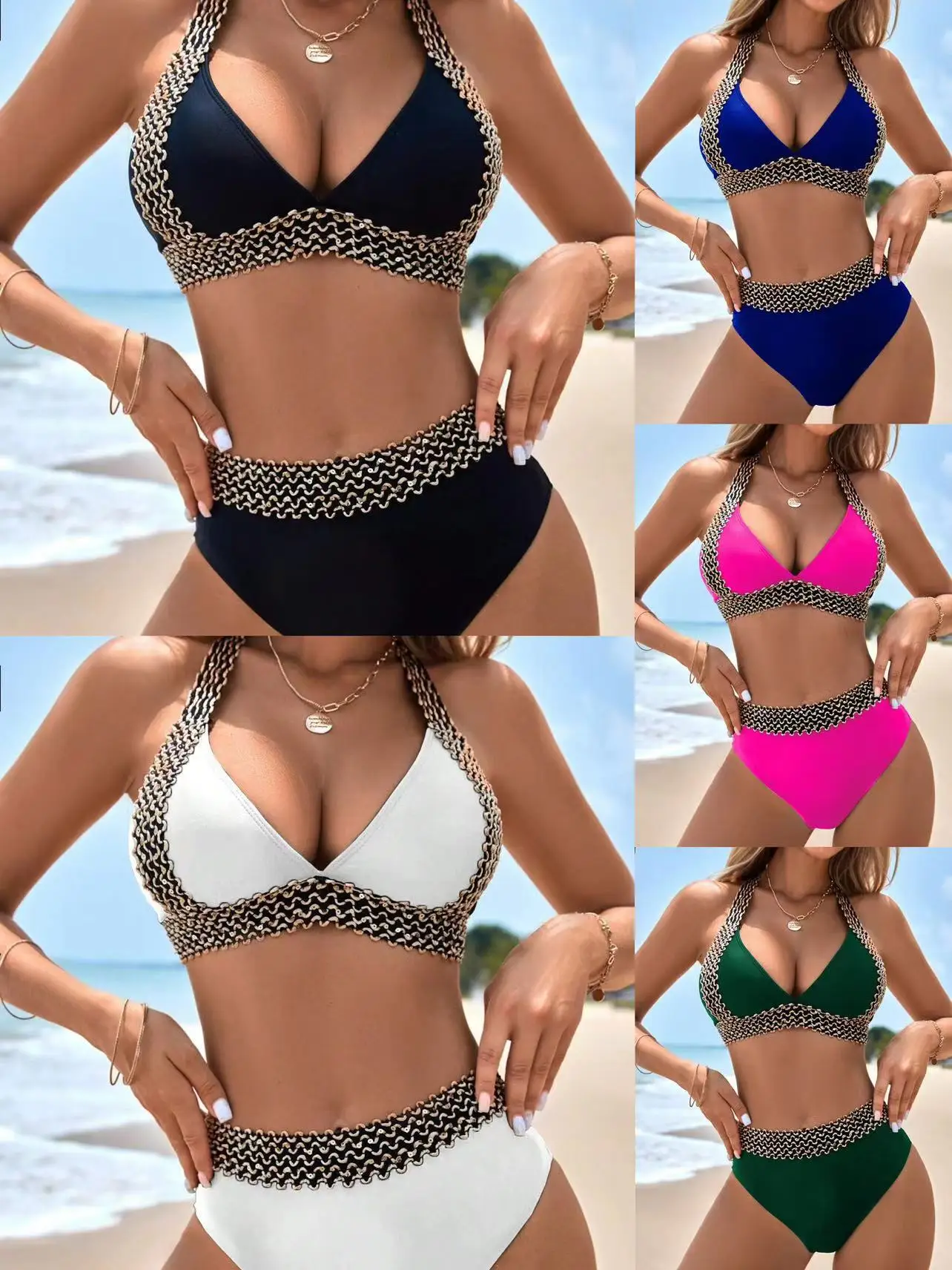 

2024 New European and American Swimsuit Women's Split Tight Solid Color Sexy Bikini Swimsuit