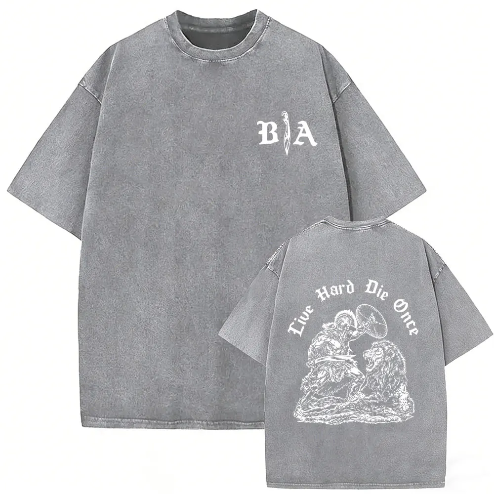 Washed Vintage Brothers in Arms Live Hard Die Once Double Sided Print T-shirt Men Women Casual Retro Cotton T Shirts Streetwear
