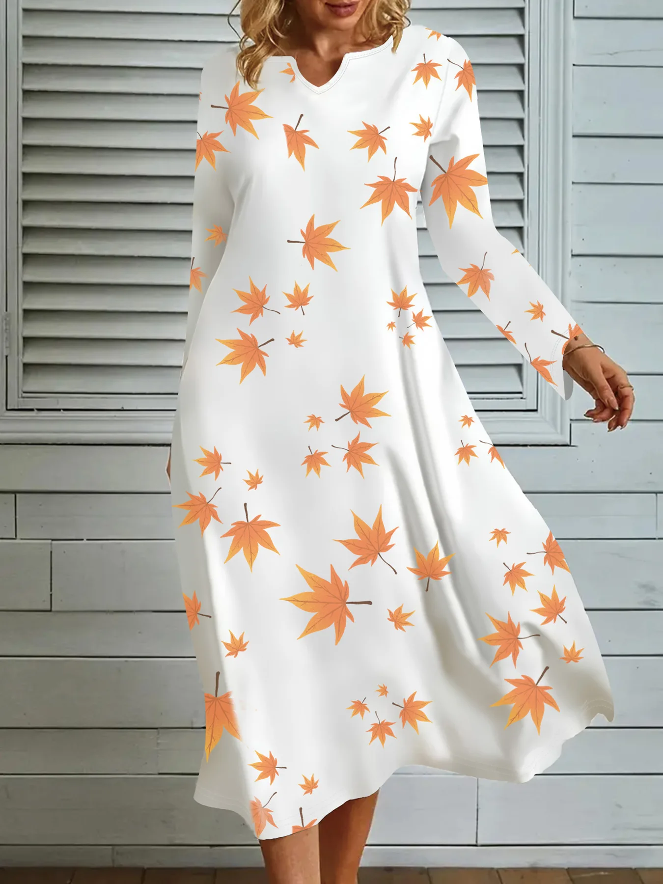 2024 European and American new cross-border digital maple leaf print long sleeved V-neck big swing dress for women