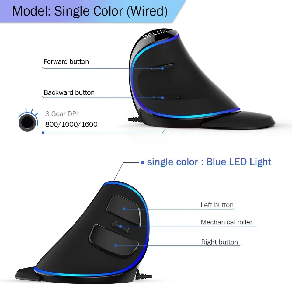 Imagem -02 - Plus Mouse Ergonômico Vertical para Jogos Botões 4000 Dpi Rgb com Fio Mouse Direito sem Fio para pc Laptop Computador Delux-m618